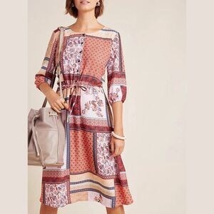 Anthropologie Patchwork Midi Dress in Rust, Cream, Navy